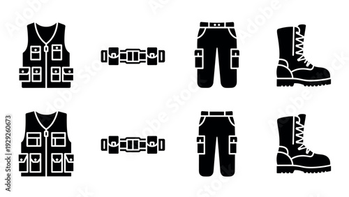 set of black tactical vest belt pants and boots icons in silhouette style