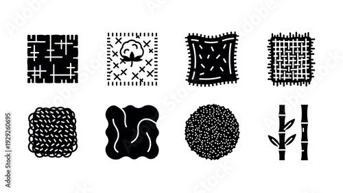 set of eight hand drawn fabric and textile texture icons in black silhouette style