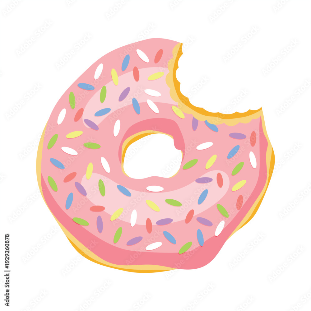 Obraz premium Flat vector illustration of bitten pink strawberry glazed donut with sprinkles and crumbs, cute dessert with bite mark isolated on white background for menu and food blog design.