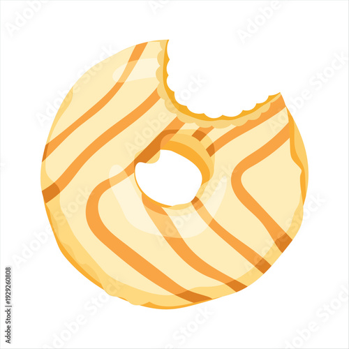 Flat vector illustration of bitten vanilla glazed donut, cute dessert with bite mark isolated on white background for menu and food blog design.