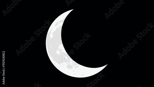 white crescent moon icon with subtle surface details on black background hand drawn celestial illustration