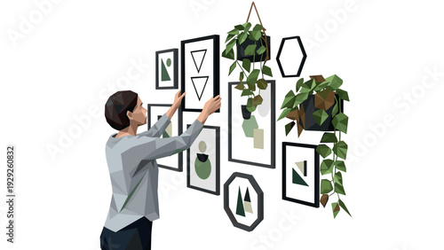 woman arranging modern geometric art frames and hanging plants on wall low poly illustration