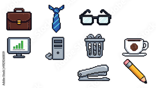 pixel art set of office essentials including briefcase tie glasses computer cup pencil and stapler