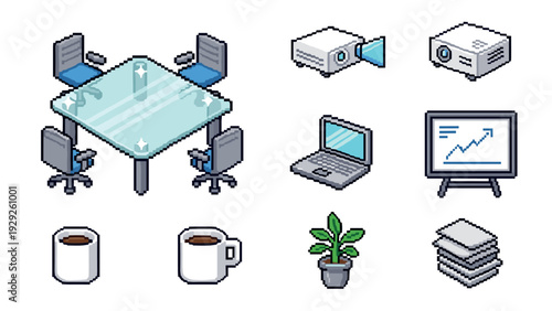 pixel art set of office workspace elements including table chairs projector laptop coffee plant and documents