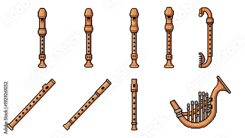 collection of hand drawn pixel art wind musical instruments recorder flute and cornet illustration
