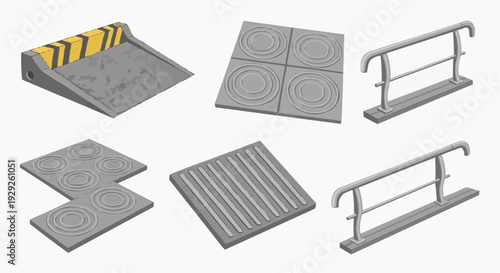 Collection of gray metal road barriers and gray road surface parts with yellow warning stripes on a white background viewed from directly above