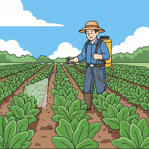 Farmer Spraying Crops Illustration – Agricultural Field Worker with Pesticide Backpack Sprayer
