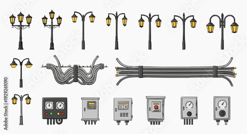 Street Lighting Infrastructure Components Illustrated in Various Configurations and Views