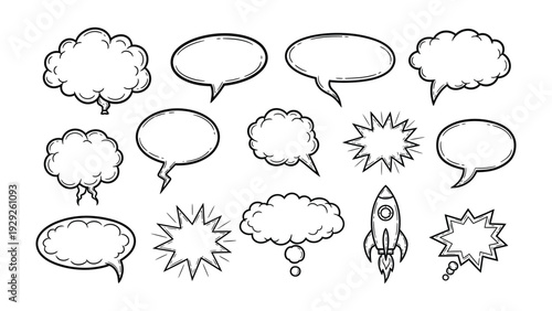 Comic Speech Bubble Collection: A diverse collection of comic speech bubbles, ready to add visual flair and dynamic expression to any project, from classic oval shapes to dynamic starbursts.
