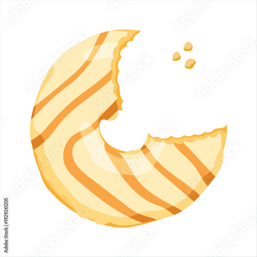 Flat vector illustration of bitten vanilla glazed donut with crumbs, cute dessert with bite mark isolated on white background for menu and food blog design