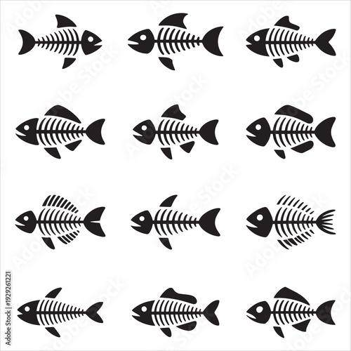 Minimalist Fish Skeleton Icons Vector Style Fish Bone Silhouette