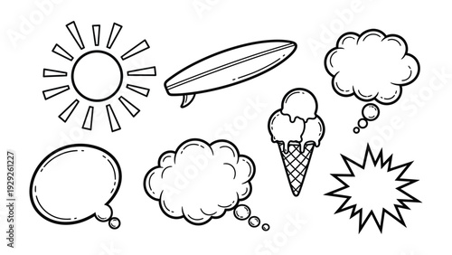 Summer icons Doodle: A playful doodle featuring sun, surf board, and ice cream cone with cloud-shaped speech bubbles symbolizing summer vibes and carefree fun.