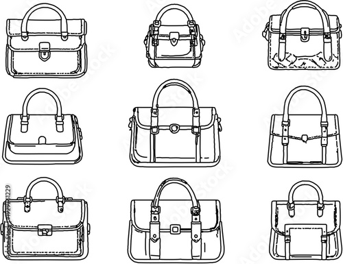 Collection of assorted handbag designs illustrated in a clean line art style on a plain background from a frontal viewpoint