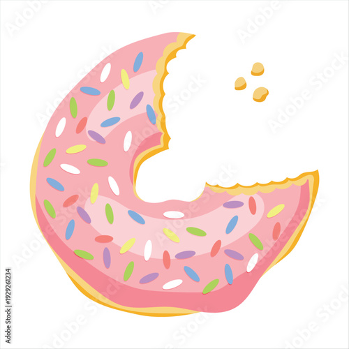 Flat vector illustration of bitten pink strawberry glazed donut with sprinkles and crumbs, cute dessert with bite mark isolated on white background for menu and food blog design