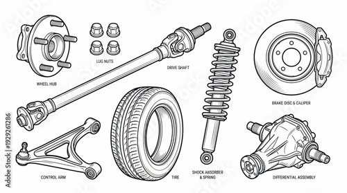 Vector Automotive Parts Illustration Set – Suspension, Drivetrain, Brakes