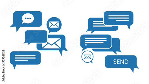 Communication and Digital Dialogue: An illustration of a network of messages, with speech bubbles and envelope symbols in communication representing digital dialogue.