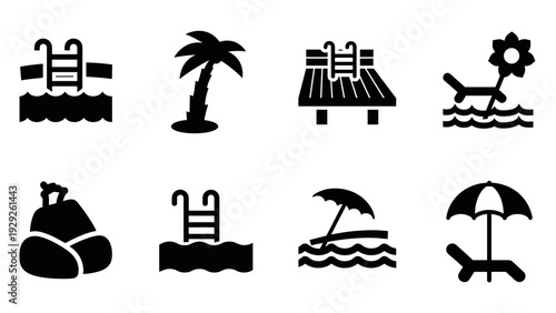 black and white summer beach and pool icon set with palm tree lounge chairs umbrella and pier