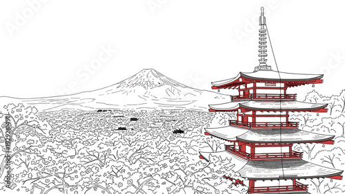 traditional japanese pagoda with cherry blossoms in foreground and mount fuji in background hand drawn line art illustration