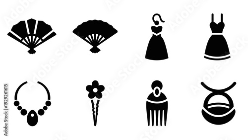 set of vintage fan dress necklace hairpin comb and handbag silhouette icons