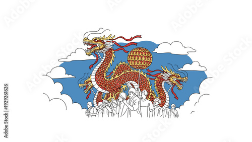 colorful dragon dance with performers hand drawn illustration with blue sky and clouds background