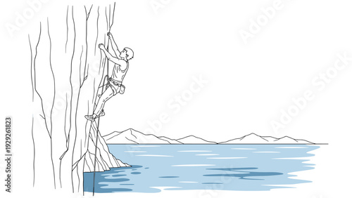 man climbing steep rock cliff hand drawn line art outdoor adventure landscape with sea and mountains