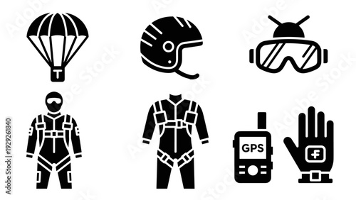 set of skydiving equipment and safety gear icons in black silhouette style