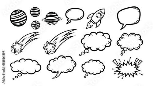Cosmic Conversation Bubbles: A collection of hand-drawn doodle elements depicting planets, shooting stars, a rocket ship, and various speech and thought bubbles, perfect for creative design projects.