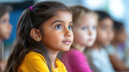 Young girl paying close attention to the teacher during a lesson, sitting with classmates in a learning environment