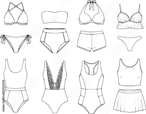Collection of Hand Drawn Swimwear Fashion Including Bikinis Pieces and Tankinis