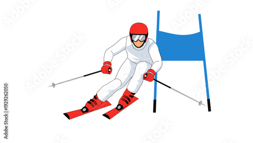 skier racing downhill slalom gate in vector illustration style