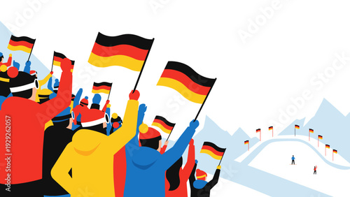 crowd of people waving german flags in hand drawn flat style winter sports event illustration