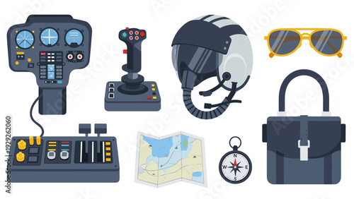 aviation pilot equipment set including cockpit instruments joystick helmet sunglasses map compass and bag in flat style