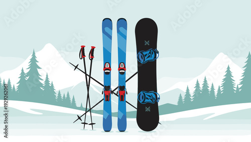 blue skis black snowboard and ski poles standing in snow winter sports equipment hand drawn illustration
