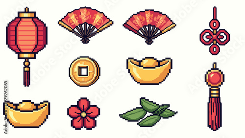 Chinese new year pixel art icon set with lantern fans gold ingots coin flower and rice dumplings hand drawn