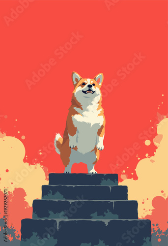 Corgi standing heroically staircase Despite short legs, it has massive, intimidating aura manga boss character, depicted black ink flames Propaganda poster perspective Blank red sky area