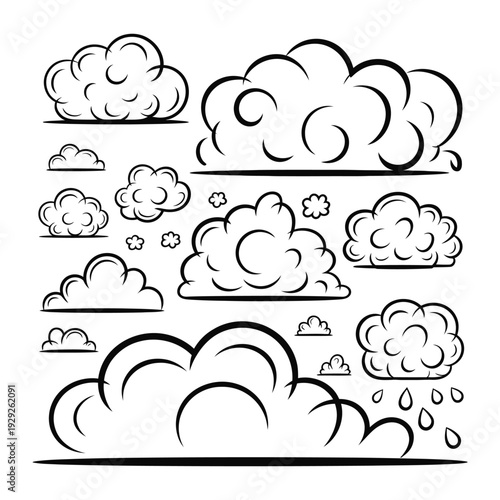 Cloud Collection Illustration: A stylized collection of cloud illustrations, each showcasing unique shapes and forms, providing a versatile element for various design concepts.
