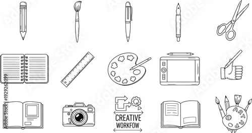 Set of 15 Creative Workflow and Art Tools Line Icons Vector
