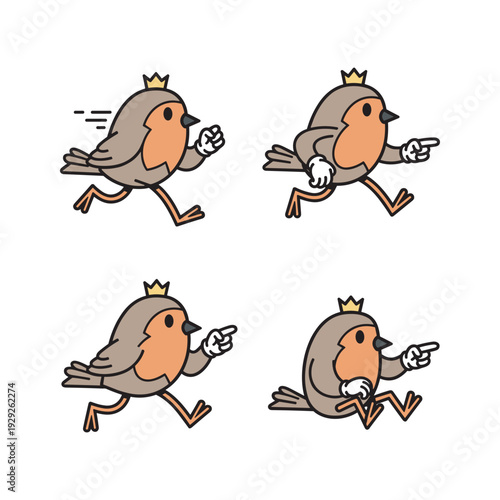 Cartoon robin bird wearing crown running and pointing in different directions with dynamic motion