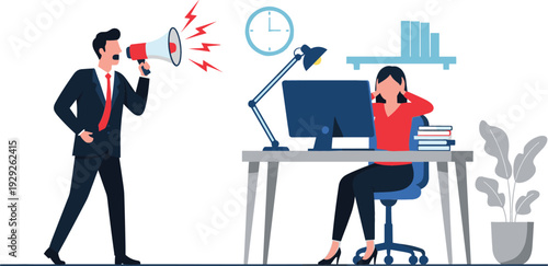 Angry boss shouting through megaphone at stressed female employee in office workspace, conceptual vector illustration of workplace bullying, pressure, and toxic environment.