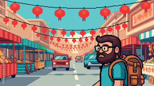 man walking on street with market stalls and hanging red lanterns pixel art style