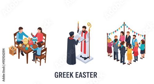 Greek Easter celebration with egg painting gathering and priest blessing in isometric style