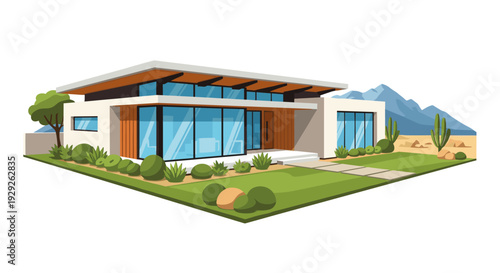 modern single story house with large glass windows and landscaped yard hand drawn architecture illustration