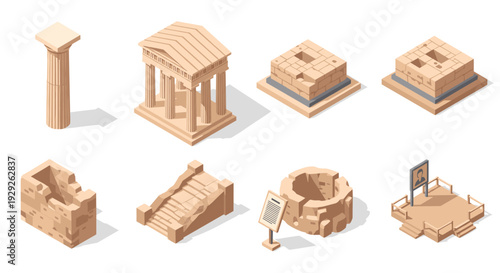 isometric ancient greek ruins set with temples columns stairs and archaeological site elements