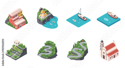 isometric coastal village and nature elements set with houses boats roads and church in flat design