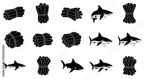 Black silhouettes of bundled goods and sharks on white background for business and danger concepts