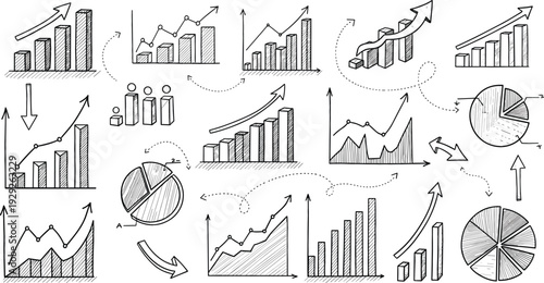 Hand drawn business finance charts and data analysis graphs vector set featuring bar charts, pie charts, and growth arrows for infographic presentations.