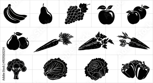 Collection of black and white vegetable and fruit icons on grid background