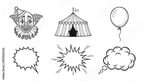 Whimsical Carnival Elements: A collection of cheerful carnival illustrations, including a smiling clown, a circus tent, speech bubbles, and a floating balloon, perfect for playful design projects.