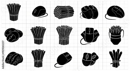 Various bundles of asparagus and boxing gloves in black and white illustrations