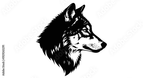 Black and white wolf head illustration with detailed fur texture and intense gaze on plain background
